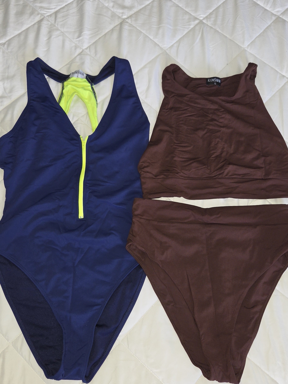 Women's Navy One-Piece Swimsuit with Neon Zip & Brown Tankini Set